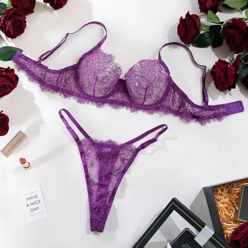Ensemble de Lingerie en dentelle transparente pour femmes, motif Floral, fines bretelles, sous-vêtements romantiques — image 3