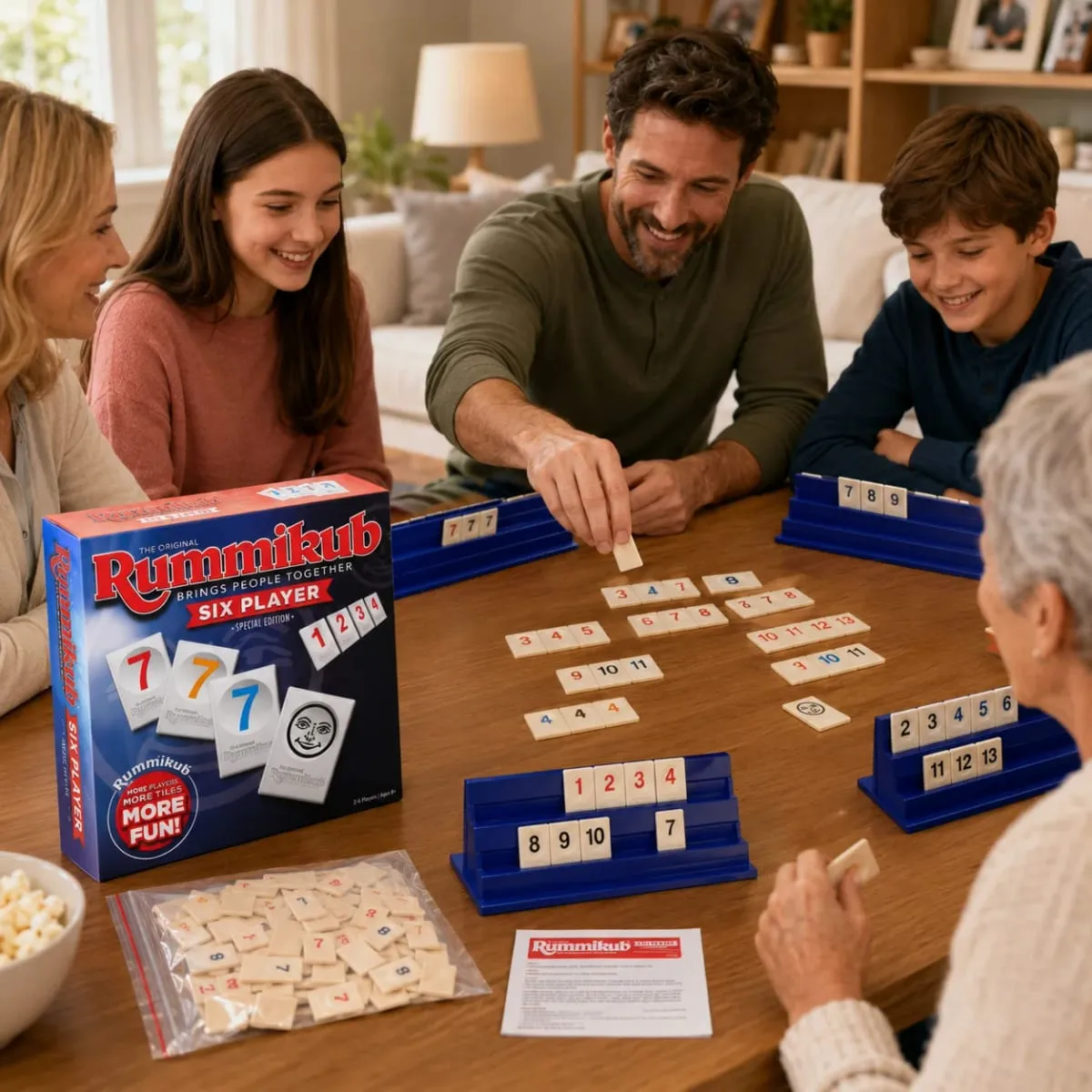 Rummikub เกมกระดานกลยุทธ์สำหรับผู้เล่นหกคนพร้อม Blue Racks Number Logic Family Party เวอร์ชันภาษาอังกฤษ — image 5