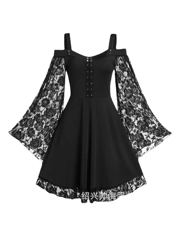 2022 New Gothic One-shoulder Lace Stitching Flared Sleeve Dress Literary Vintage Autumn Grunge Black A-line Dress Punk Partywear — image 2