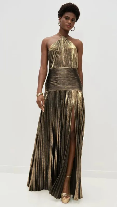 Gold Halter Neck Evening Dress Woman Chic Solid Color Pleated Backless Package Hip Slit Dress Fashion Trendy Lady Party Vestidos — image 3