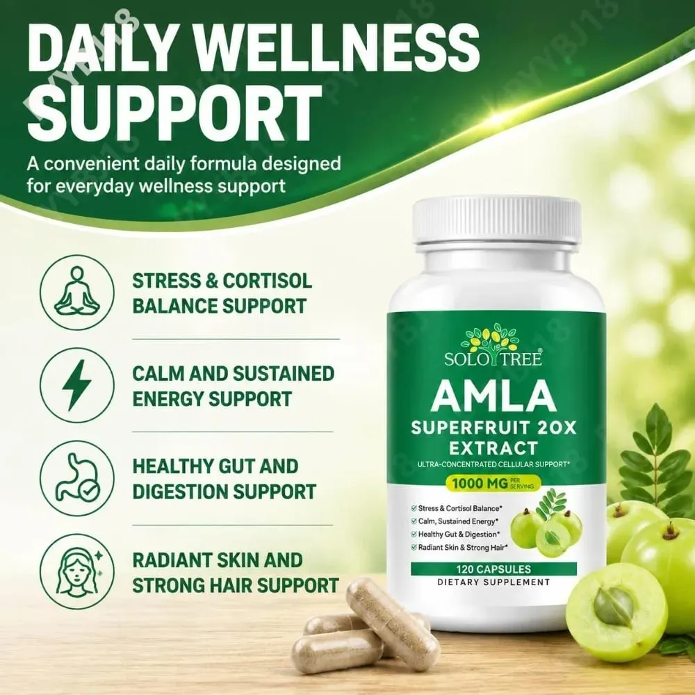 Amla Superfruit 20x 추출물 캡슐(Phyllanthus Emblica 함유) 차분한 에너지 소화기 건강 빛나는 피부/머리카락 120Ct 촉진 — image 2