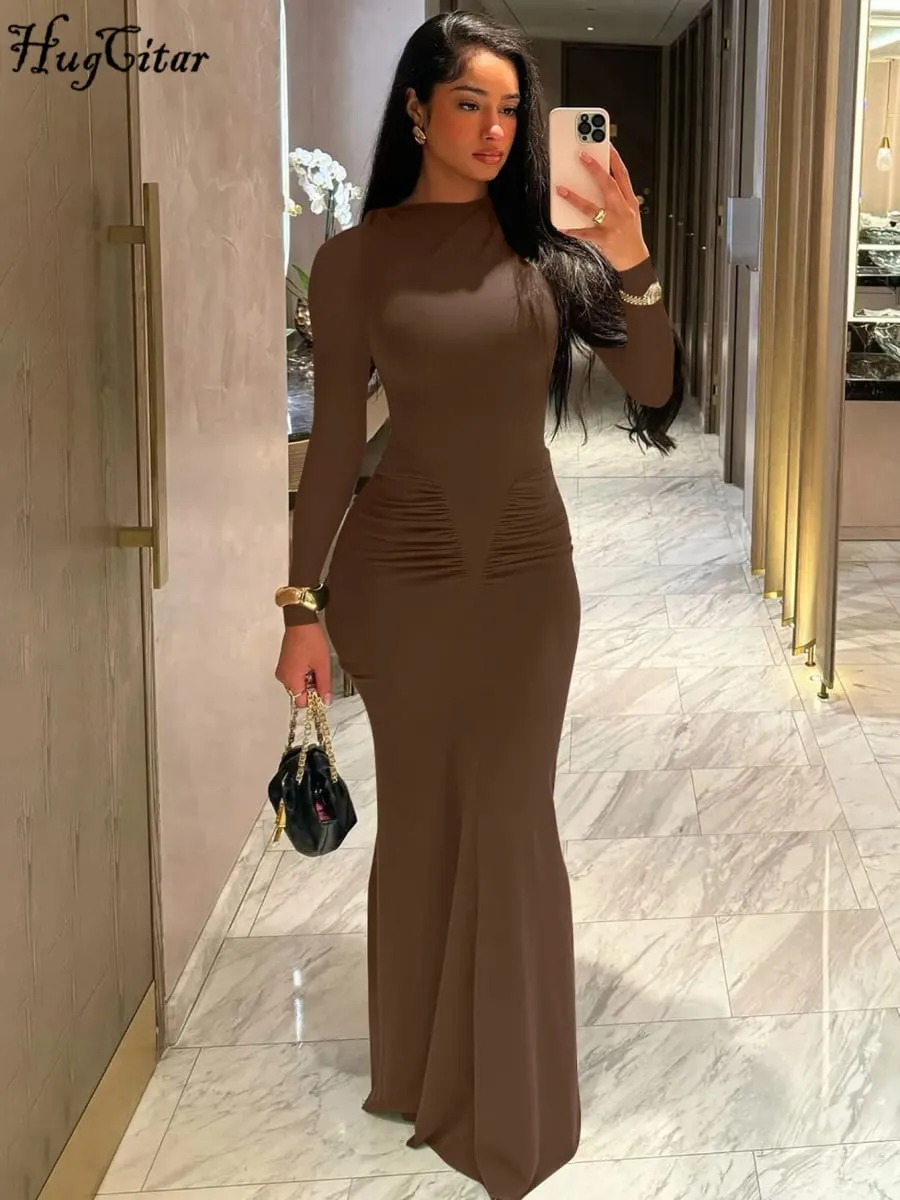 Hugcitar 가을 솔리드 긴 소매 Draped 섹시한 Bodycon 맥시 댄스 파티 드레스 여성 패션 Y2K 의상 저녁 파티 축제 클럽 — image 4
