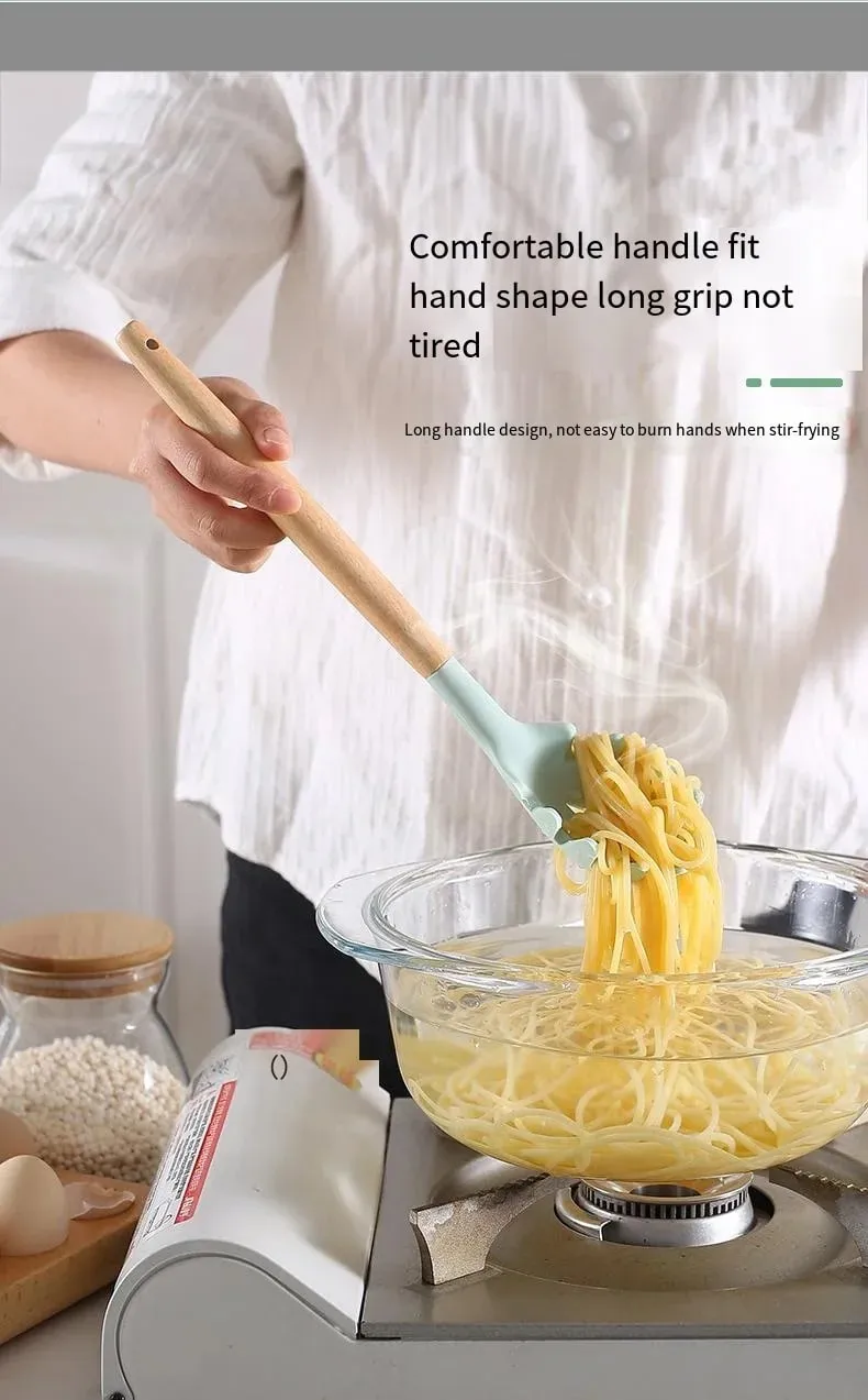 12pcs Set Pemegang Kayu Silikon Pelbagai Warna Set Peralatan Dapur Tidak Melekat Spatula Periuk dan Sudu Peralatan Memasak Tahan haba