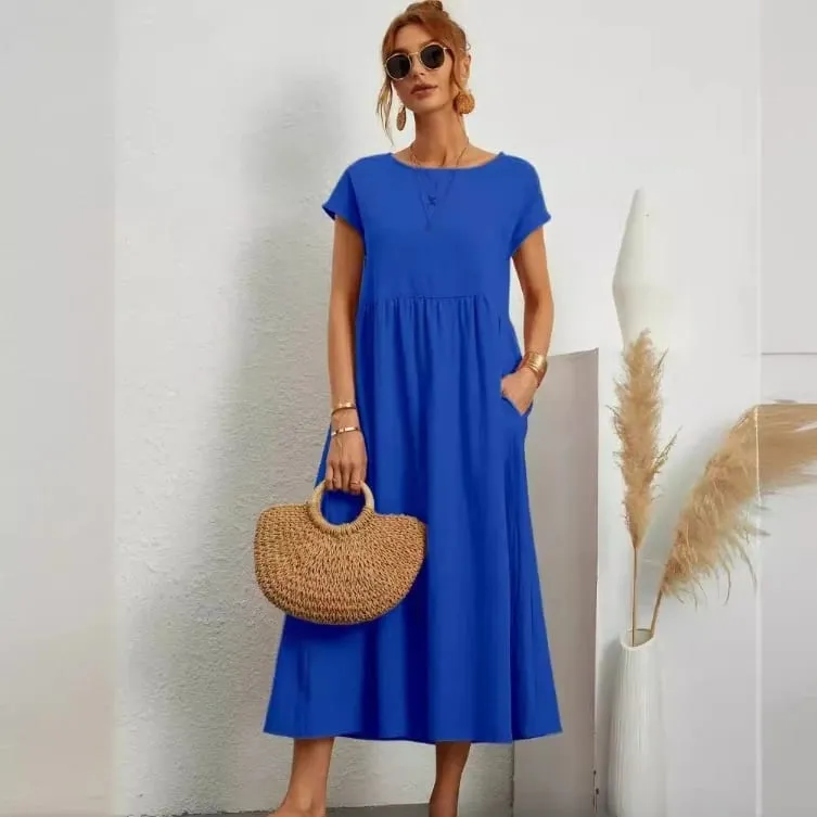 Gaun Linen Kapas Pepejal Premium yang Elegan Midi Musim Panas dengan Poket Longgar Leher Krew Kasual Lengan Pendek untuk Perjalanan Pantai — image 1