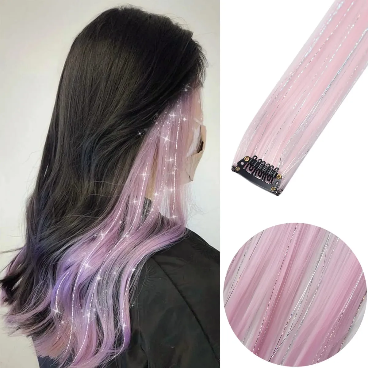 คลิปต่อผมสีผสมเงิน Tinsels Hairpieces สายรุ้งสังเคราะห์ Holiday Party ไฮไลท์สำหรับหญิงสาว — image 2