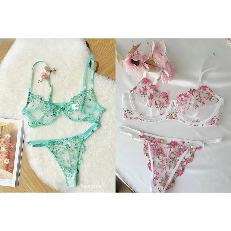 Set Bra Sulaman Renda Bunga Lutsinar Seluar Dalam Minimizer Nipis Musim Panas Lembut Bernafas Payudara Penuh Wanita Di Rumah Pakaian Harian S-XL — image 4