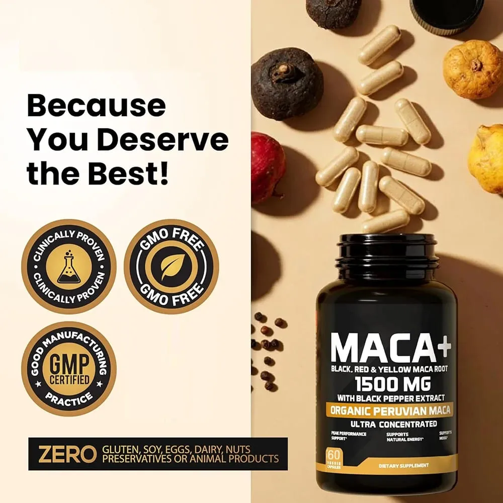 유기농 마카 뿌리 분말 캡슐 1500mg, 검정+빨간색+노란색 페루산 마카 뿌리 보충제(남성 및 여성용) 포함 - 비건 알약