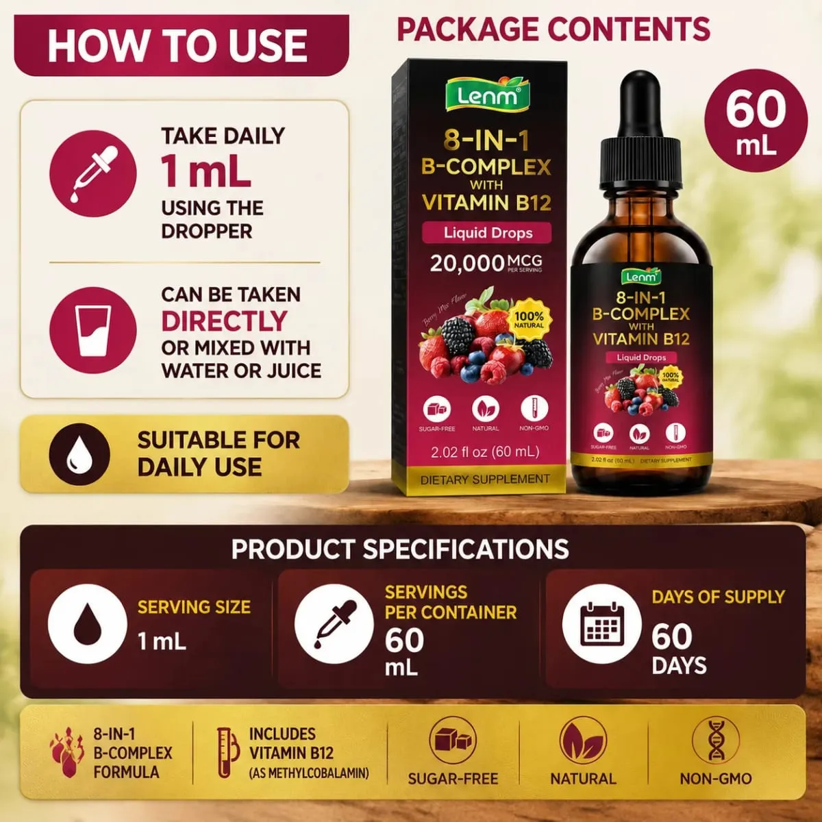 Lenm Vitamin B12 B-Complex Liquid Drops 8-in-1 Supports Nervous System Immune Health and Daily Energy 60 ML Sugar-Free Non-GMO — image 5