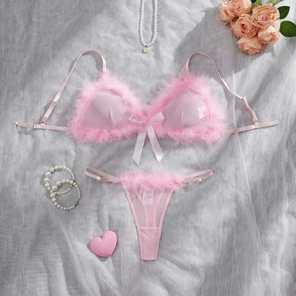 Underclothes Furry ชุดชั้นในสตรีไร้สายตาข่ายโปร่งใสชุดชั้นในชุดโรแมนติก Intimate Bow Decor Bra กางเกงชุดบ้าน — image 4