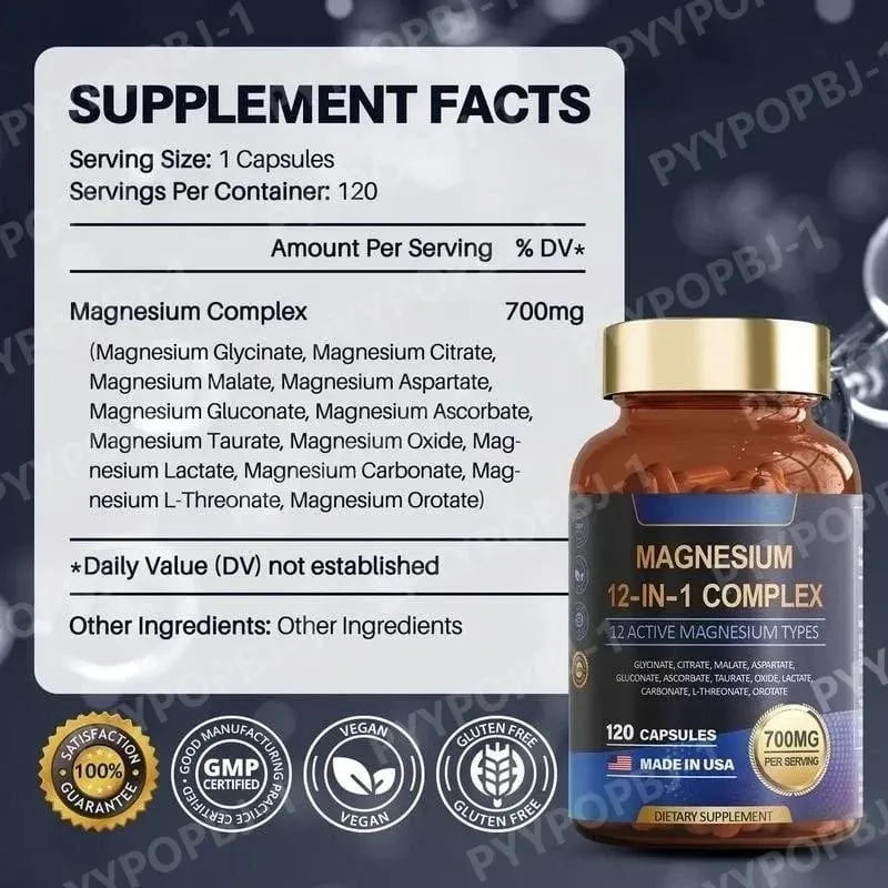 Magnesium Capsule Contain Glycinate Citrate & Aspartate Etc Complex Supplement Relaxation Muscle Heart Health Support 120 Count — image 6