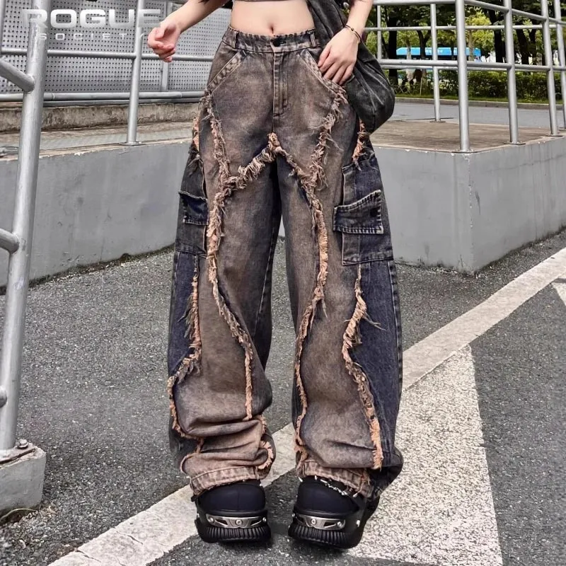 Y2K Grunge Deconstructed Distressed Farmer Uniszex Patchwork mosott széles szárú farmer nadrág Hip Hop utcai viselet Harajuku punk nadrág — image 2