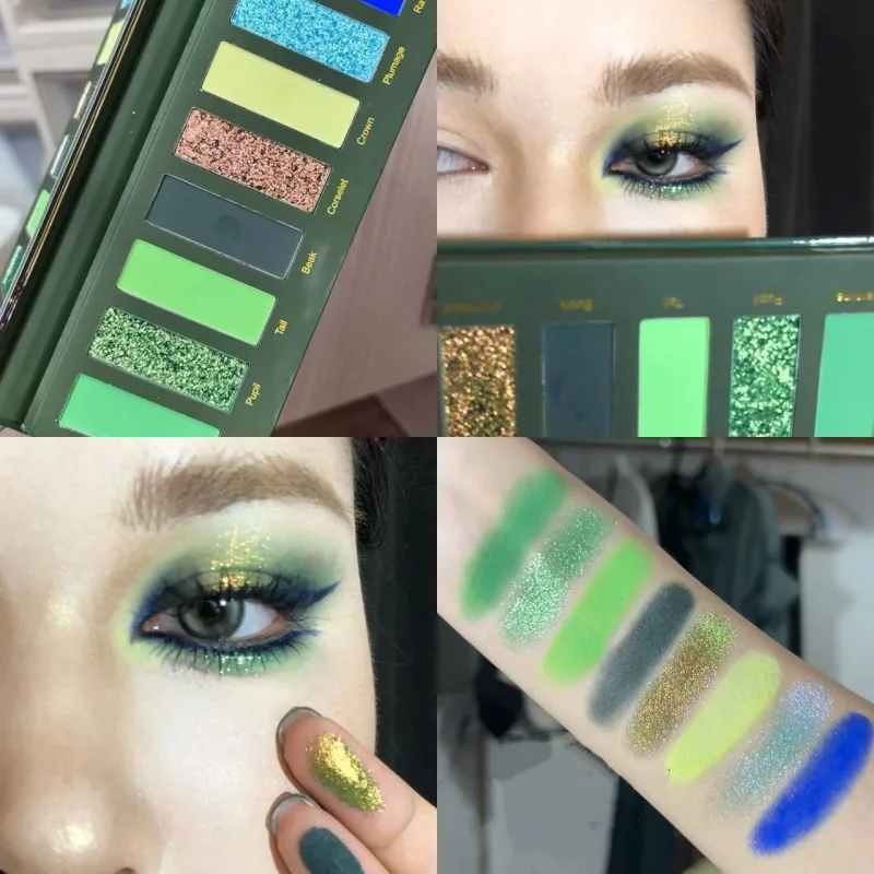 8-färgs rökt grön ögonskuggspalett metallisk blå pärlemorskimrande glitter ögonskuggsplatta Diamant ljusare höjdpunkter makeup