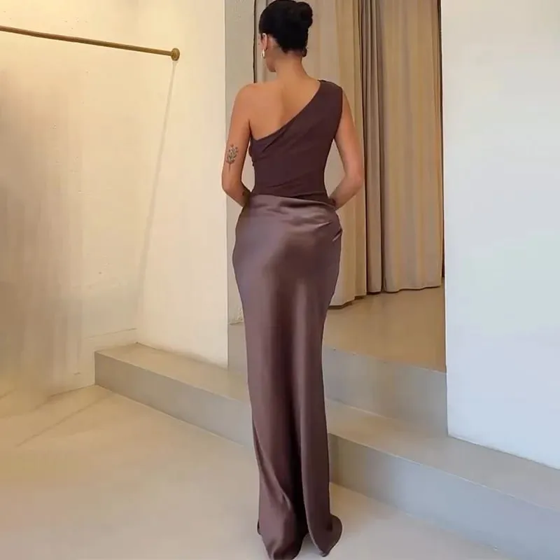 Patchwork Satin Sexy Dress Women One Shoulder Brown Sleeveless Evening Maxi Dress 2025 New Summer Elegant Party Clubwear Dresses — image 4