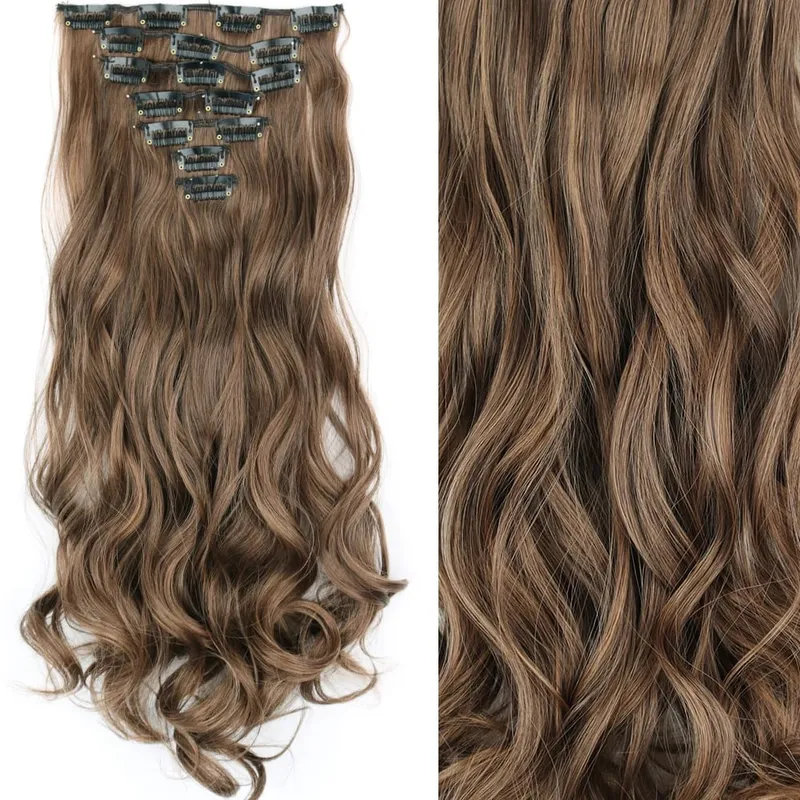 16 clip 7 pezzi / set estensioni dei capelli lungo rettilineo sintetico naturale nero biondo posticcio resistente al calore per l'acconciatura delle donne — image 12