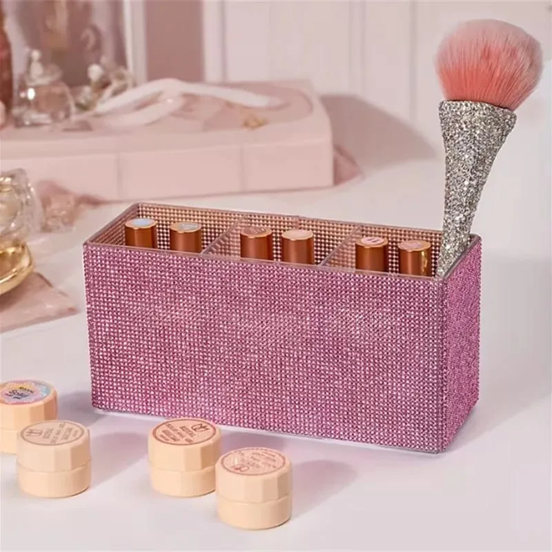 Pengatur Kuas Rias Berlian Imitasi Berkilau dengan 3 Kompartemen Kuas Rias Kapasitas Besar Kotak Penyimpanan Alat Kosmetik Lipstik — image 6