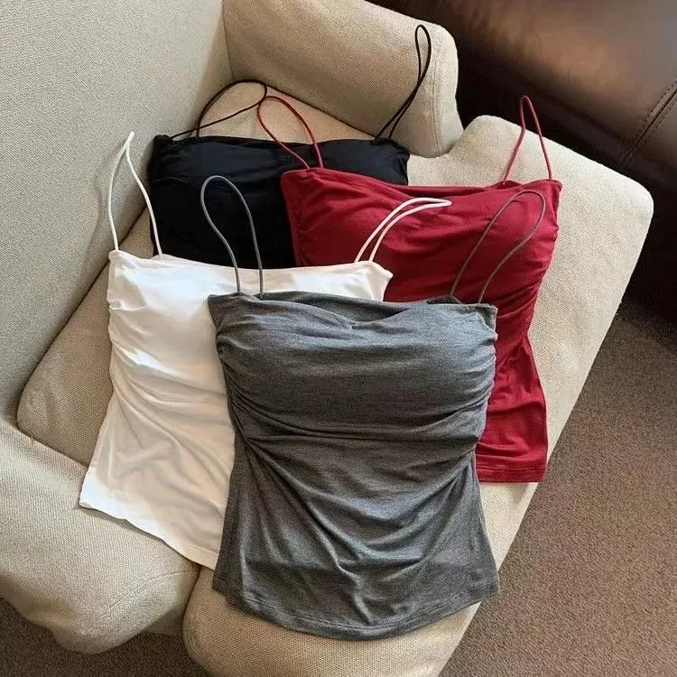 เสื้อกล้ามสั้นเซ็กซี่พร้อมสายรัดบางเสื้อกล้ามสีขาวธรรมดาเสื้อกล้ามแขนกุดผู้หญิงสไตล์เกาหลีชุดชั้นใน Camisole ติดตั้ง