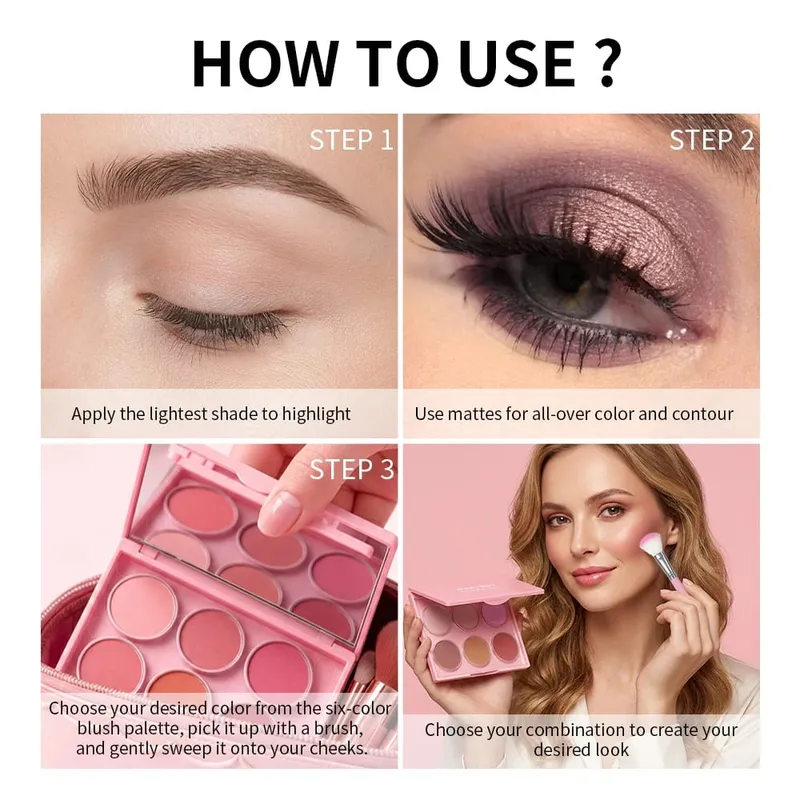 Pembayang Mata Bogel Matte Shimmer & Palet Serbuk Pemerah Pisau 6 Tone Tahan Lama Kit Solekan Mata Boleh Dicampurkan Tahan Lama dengan Berus Aplikator — image 7