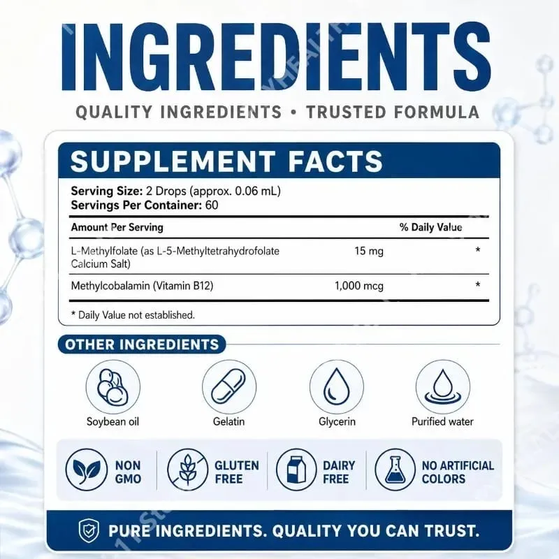 Googeer L-metilfolato 5-MTHF gocce liquide con metil B12 15 mg 1000 mcg Forza massima Cuore Cervello Supporto per l'umore 60 ml — image 2