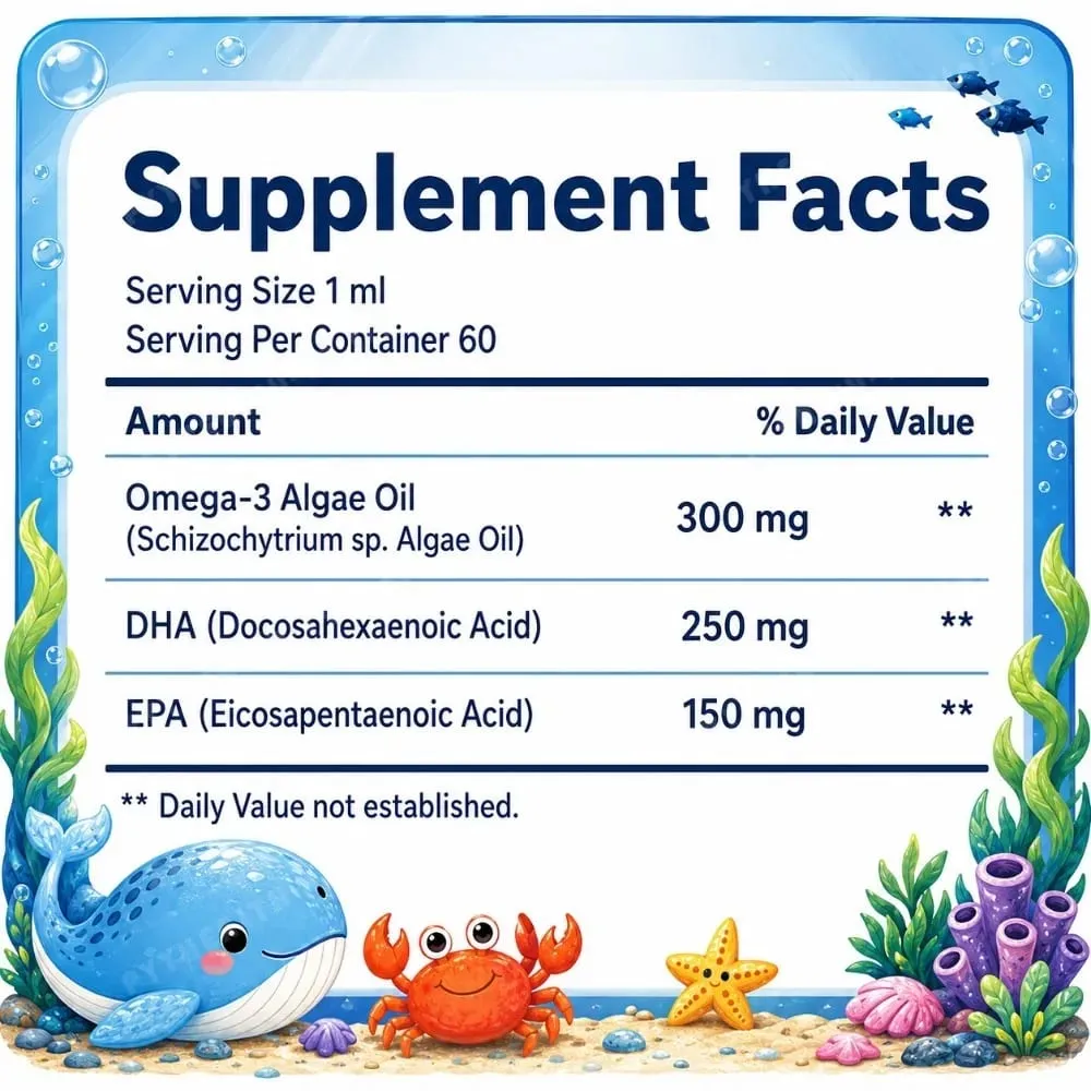 Docteat Rostlinný olej z omega-3 řas DHA EPA tekuté kapky Dětské zdraví mozku Vegan Denní výživa bez GMO Pomeranč 60 porcí