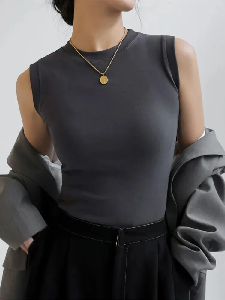Kamisol Vest untuk Wanita Kapas Leher Bulat Berwarna-warni Asas Berbaju Dalam Tanpa Lengan Atasan Tee dengan Liputan untuk Belahan Sisi — image 10