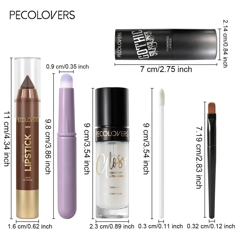 6PCS Set Solekan Bibir Gincu Berpigmen Hitam Pensel Pelapik Bibir Kaca Jelas Bersinar Seperti Bersinar Lip Gloss Berus Leper Bulat Calit Bibir — image 4