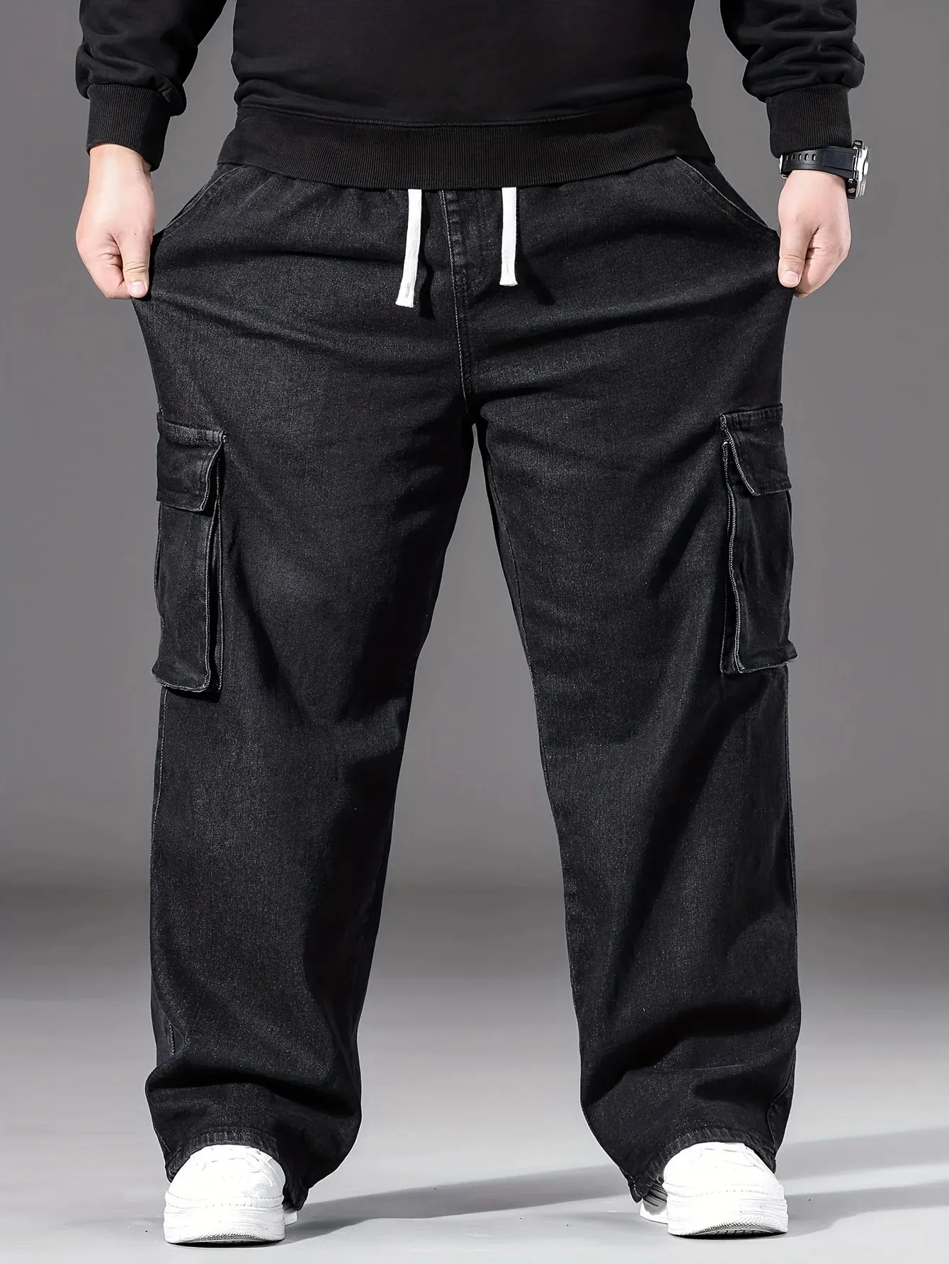 2026 nya män oversized jeans hög midja elastisk dragsko Stretch Baggy jeansbyxor Casual Mångsidiga byxor i plusstorlek