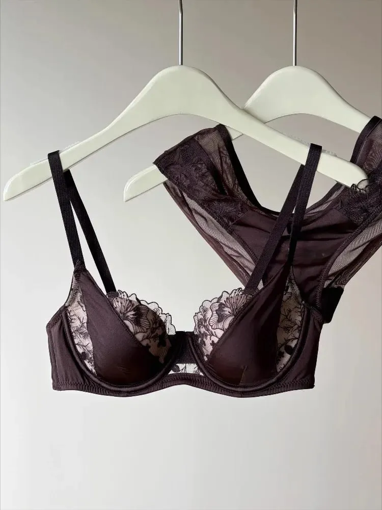 Set Bra Seksi Sulaman Renda Perancis Push Up Minimizer Mengumpul Sokongan Penuh Liputan Keselesaan Pakaian Dalam untuk Wanita Berpayudara Besar 2PCS — image 3