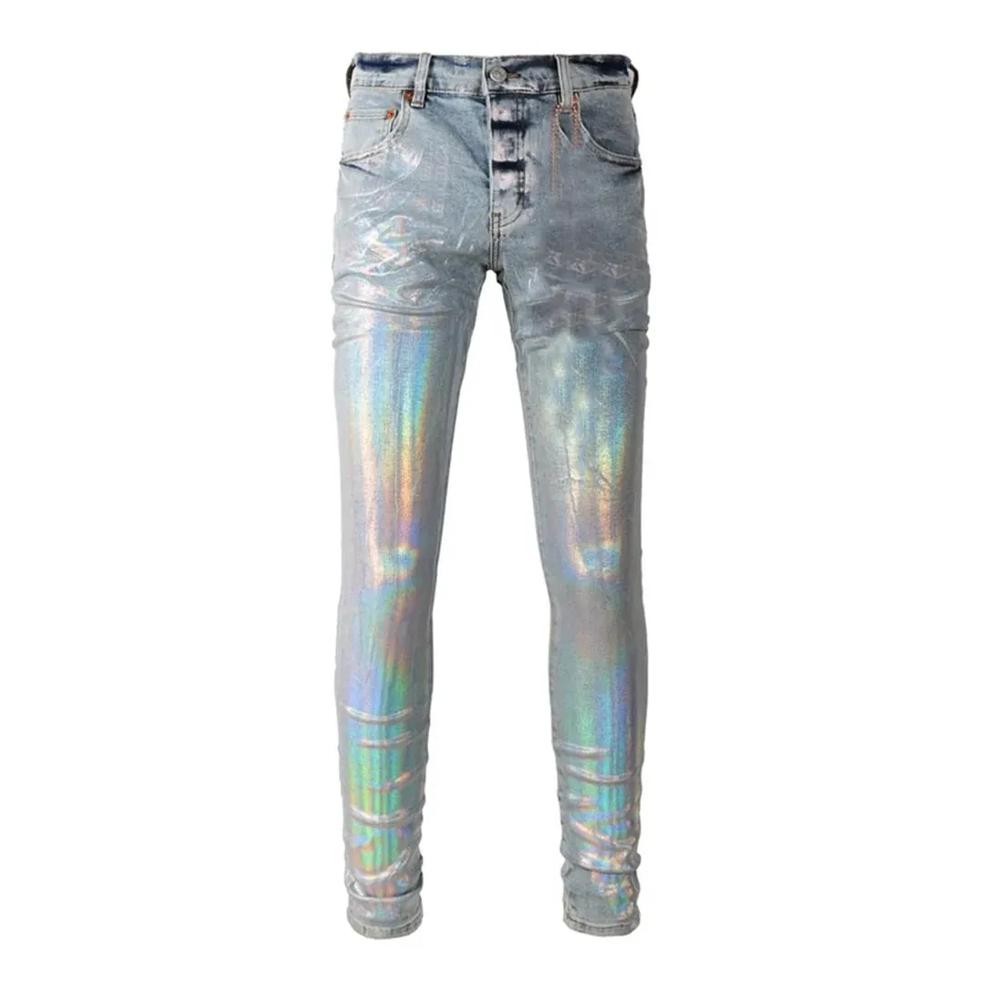 Pantaloni da uomo High Street Jeans American Distressed Nero scuro rivestito bianco elasticizzato con bottoni skinny e pantaloni strappati