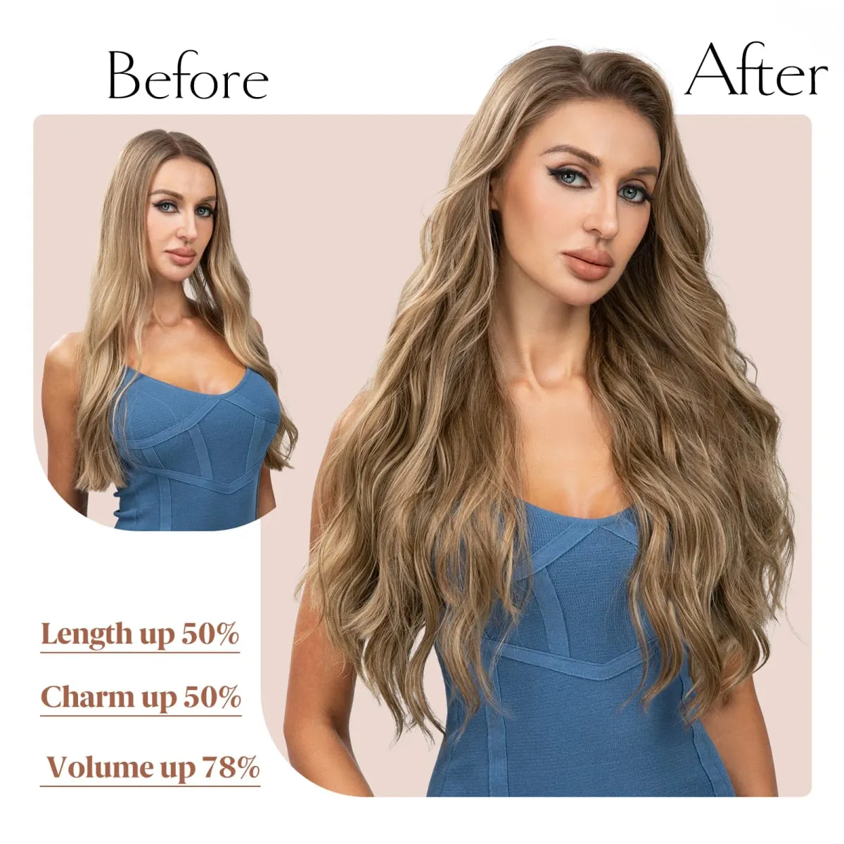 สังเคราะห์ยาวหยักคลิปในส่วนขยายของผม 22 "4 ชิ้น/เซ็ตหนา Hairpiece สำหรับผู้หญิงสีบลอนด์สีน้ำตาลสีดำธรรมชาติผมปลอม — image 5