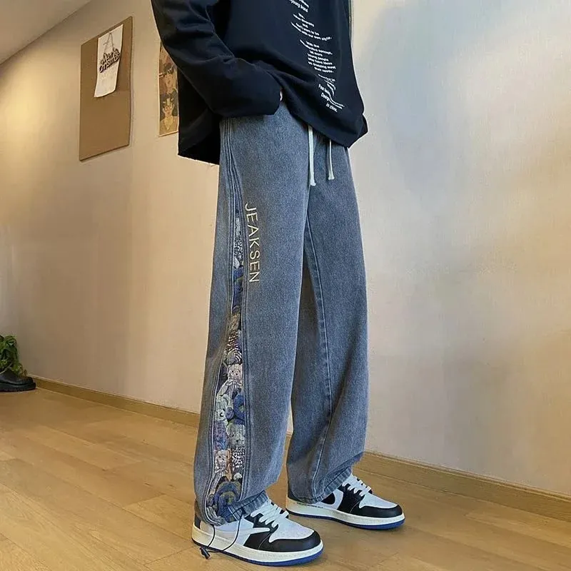 2023 Embroidered Bear Jeans Men's Spring Fall Straight Leg Loose Plus Wide Leg Fashion Brand American High Street Casual Pants — image 3