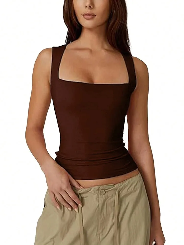 2026 sommer frauen Square Neck Ärmellose Doppel Schicht Tank Top Grundlegende Engen T-shirt Y2k Solide Sexy Goth Tank Top frauen Kleidung — image 9