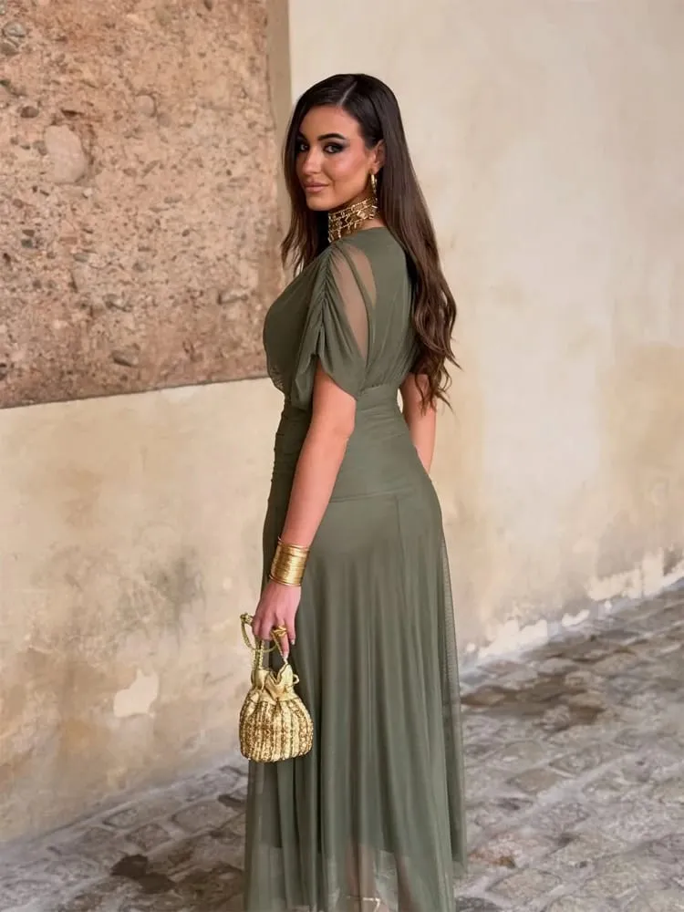 ผู้หญิงลึก V คอตาข่ายยาวชุดพัฟแขนสั้น Ruched เอวสูง Vestidos 2026 ฤดูร้อน Lady Casual street Robe — image 3