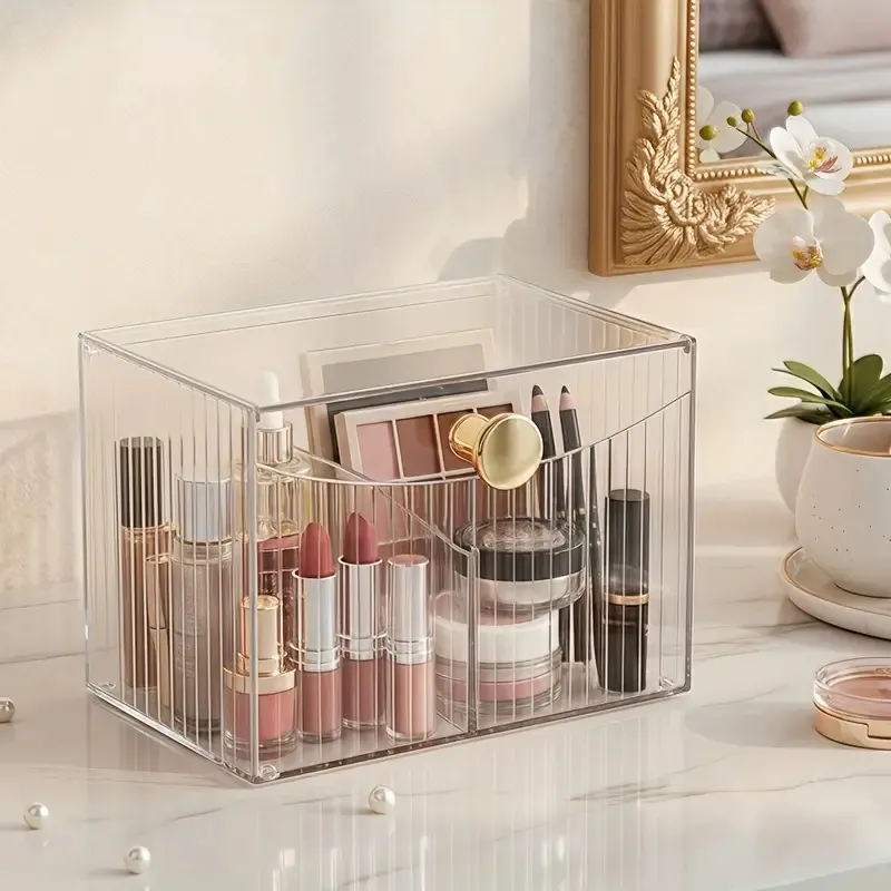Klarer Make-up-Pinselhalter aus Acryl mit 2 Fächern und Klappdeckel, Organizer für Make-up-Werkzeuge, Lippenstifthalter, Kosmetikaufbewahrung — image 1