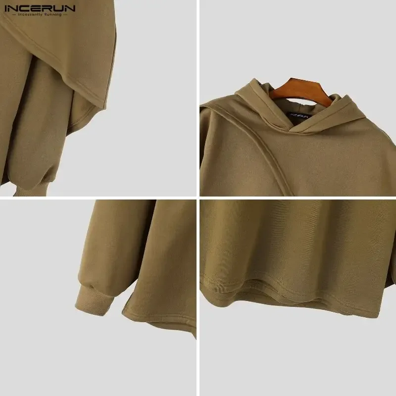 Men's Hoodies Ponchos Solid Color Hooded Long Sleeve Irregular Sweatshirts For Man Loose Stylish Casual Cape INCERUN Streetwear — image 5