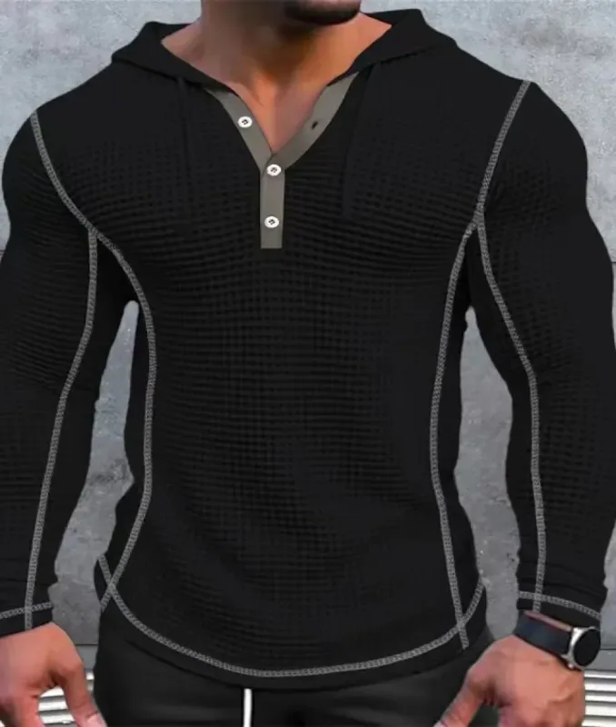 Waffle Katı Kumaş Slim Fit Kapüşonlular Erkekler V Yaka Düğmesi Rahat Tişörtü Hip Hop Sokak Kazak erkek Spor Uzun Kollu Tops — image 1