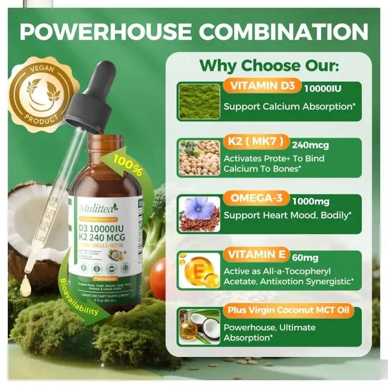 Mulittea Vitamin K2+D3 60ml E Vitamini ve Omega 3 Diyet Takviyeleri içeren Damlalar Kas İyileştirme ve Besin Emilimi — image 3