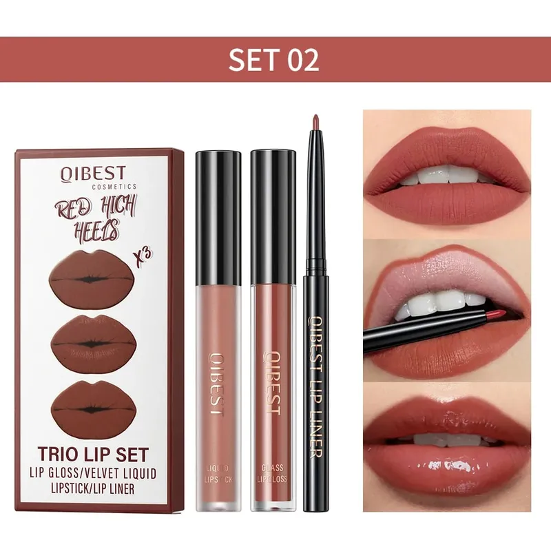 Lipstik Cair Matte & Lip Liner & Lip Gloss 3 Buah Set Kit Kosmetik Pewarna Bibir Merah Hitam Ungu Tahan Lama Anti Lengket — image 8