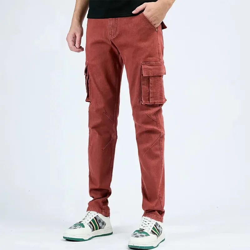 Pantalones Cargo de Mezclilla con Cintura elástica Estilo Callejero para Hombre, Vaqueros Informales de Corte Entallado y Lavado de Color sólido con múltiples Bolsillos para Uso Diario