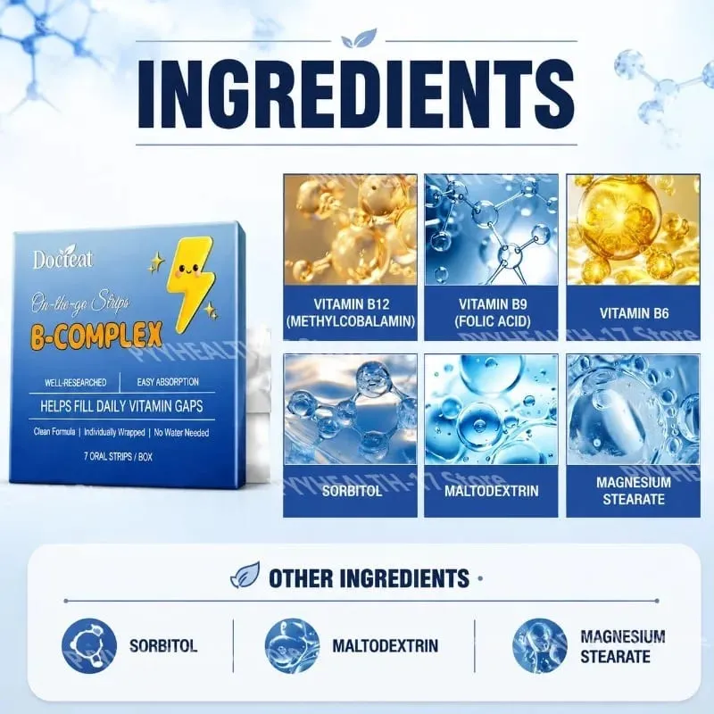 Docteat B-Complex Tiras de disolución oral Apoya el metabolismo energético y la salud de los nervios Ayuda a llenar los vacíos vitamínicos diarios 7 tiras — image 3