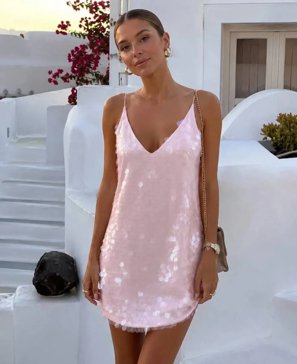 2026 Women White Sequins Mini Dress Sexy Deep V-neck Spaghetti Strap Loose Vestido New Fashion Summer Club Party Evening Dresses — image 5