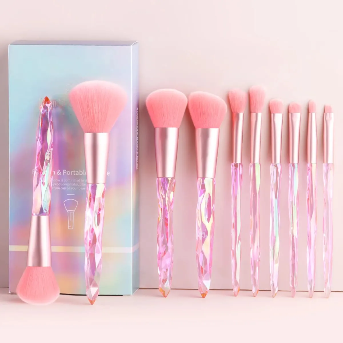 10Pcs Shiny Crystal Handle Makeup Brush Set with Case Round Loose Powder Brush & Flat Foundation Brush for Eye Makeup — image 2