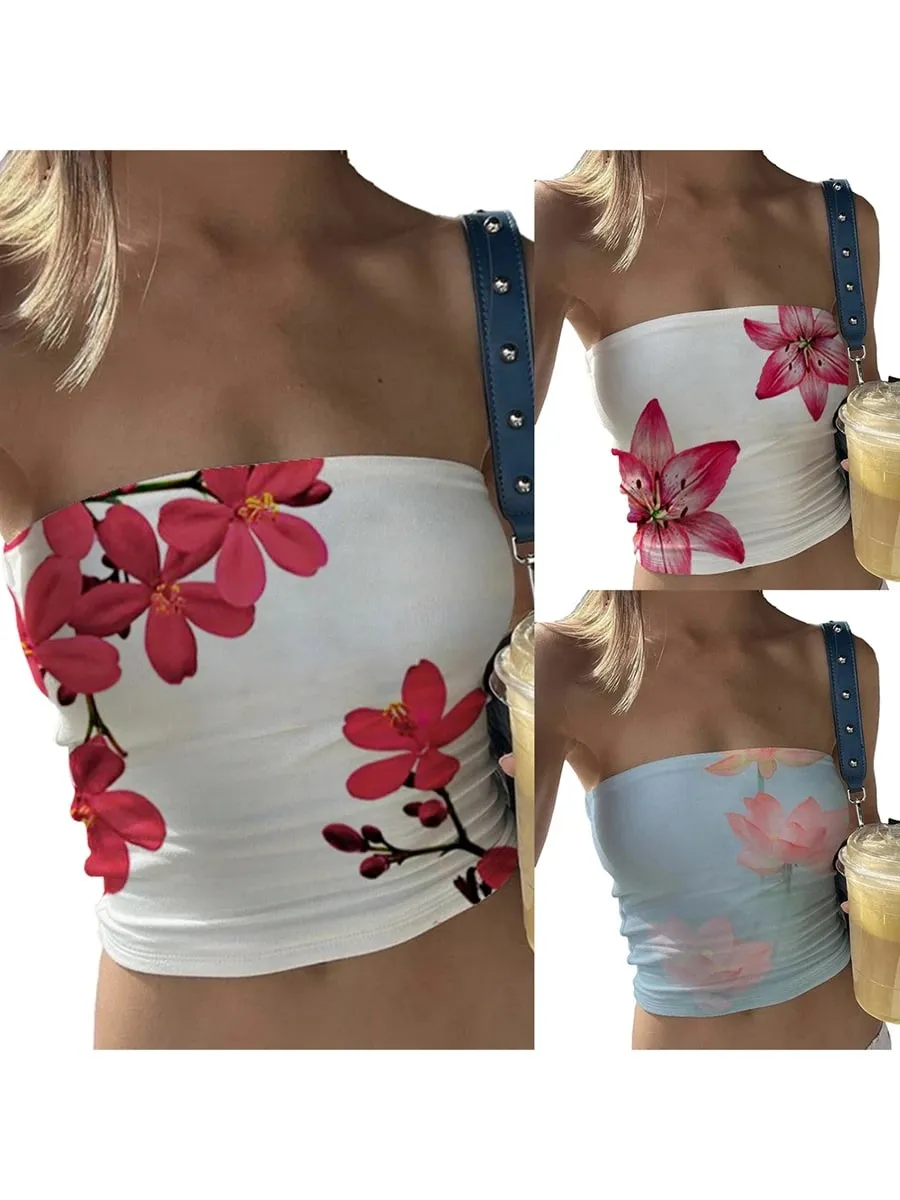 Hauts tubulaires à imprimé Floral pour femmes, hauts Bandeau sans bretelles, chemises cintrées, Streetwear, été — image 10