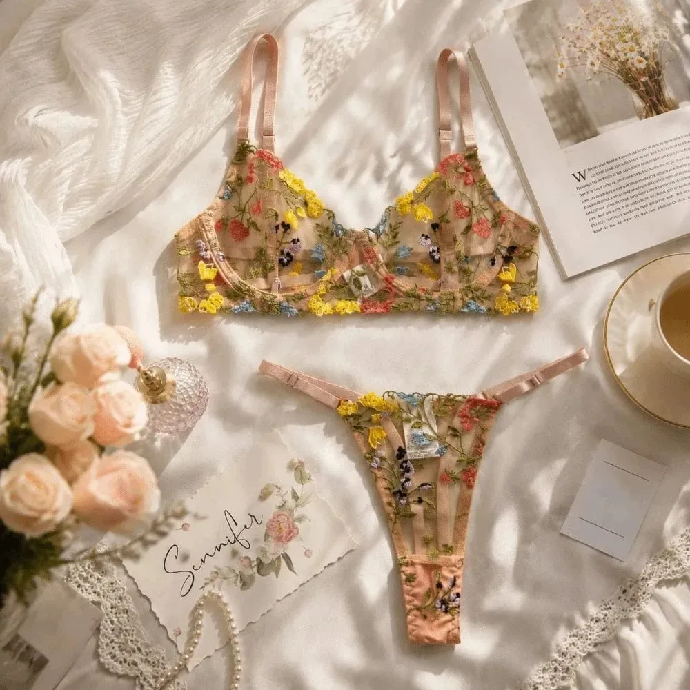 Przezroczysty komplet bielizny Intimates Push Up Ultra cienka haftowana bielizna w kwiaty Elegancki biustonosz Garnitur dla nowożeńców — image 4