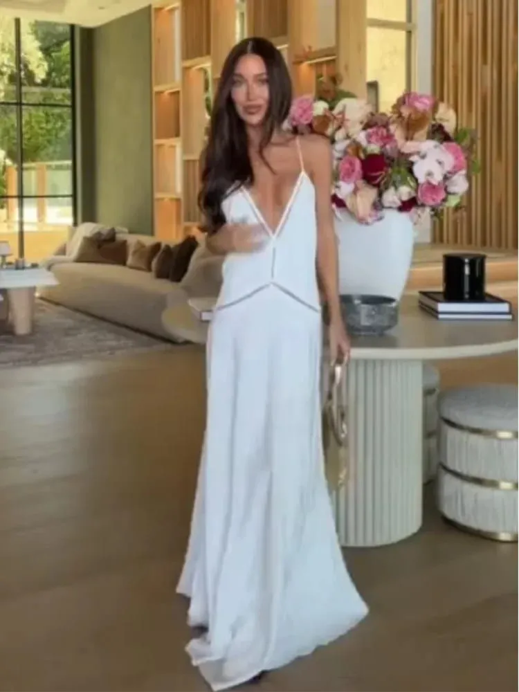 Zarif Derin V Yaka Backless Uzun Elbise Kadınlar Katı Spagetti Kayışı Kolsuz Sling Elbiseler 2026 Bayan Tatil Parti vestidos — image 3