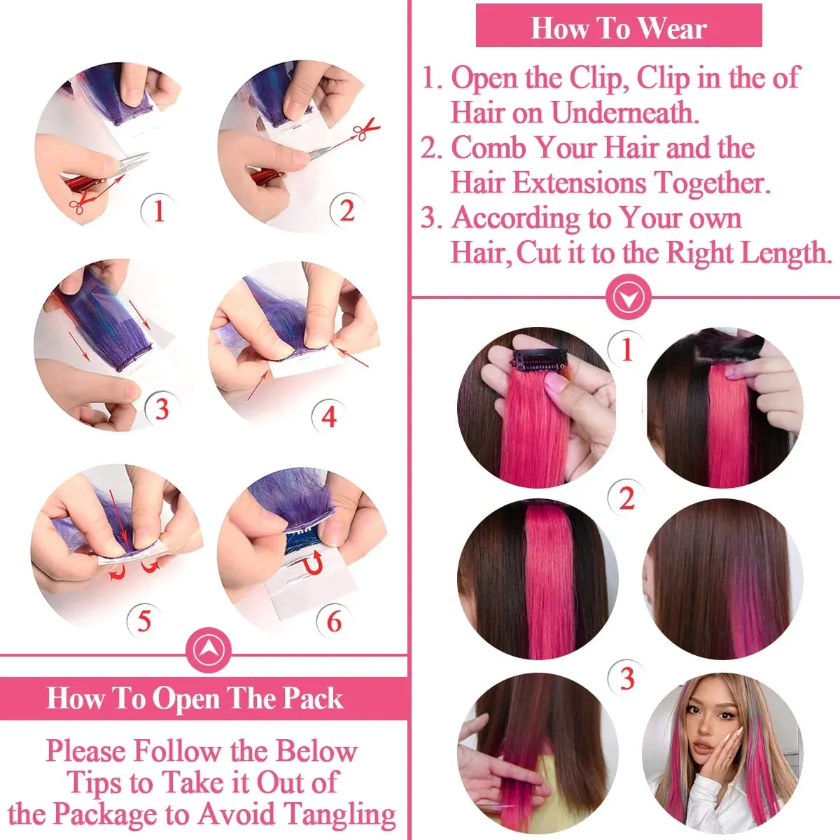 Extensions capillaires synthétiques à reflets colorés, 22 pouces, 10 pièces, postiches lisses roses pour femmes, enfants et filles, Cosplay de fête — image 5