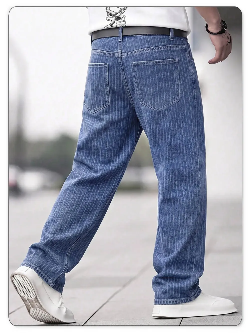 ผู้ชายแนวตั้งบางลาย Jacquard Baggy DENIM กางเกงคลาสสิกสีฟ้าหลวมขากว้างขาตรง VINTAGE ล้างกางเกงยีนส์