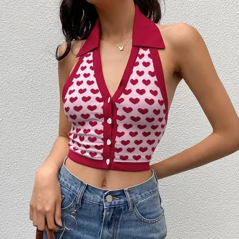 Y2k Rompi Halter Hati Atasan Potong Berkerah Tanpa Lengan Depan Kancing Remaja Perempuan Tank Wanita dan Pakaian Liburan Musim Panas Cami — image 3