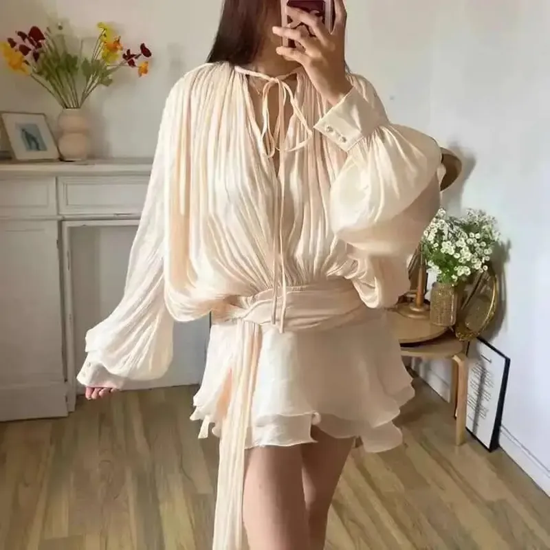 Beżowy top solidna bluzka Mini sukienki dla kobiet dekolt w serek z długim rękawem łączone zasznurować słodka sukienka w stylu odzież damska moda P7WI