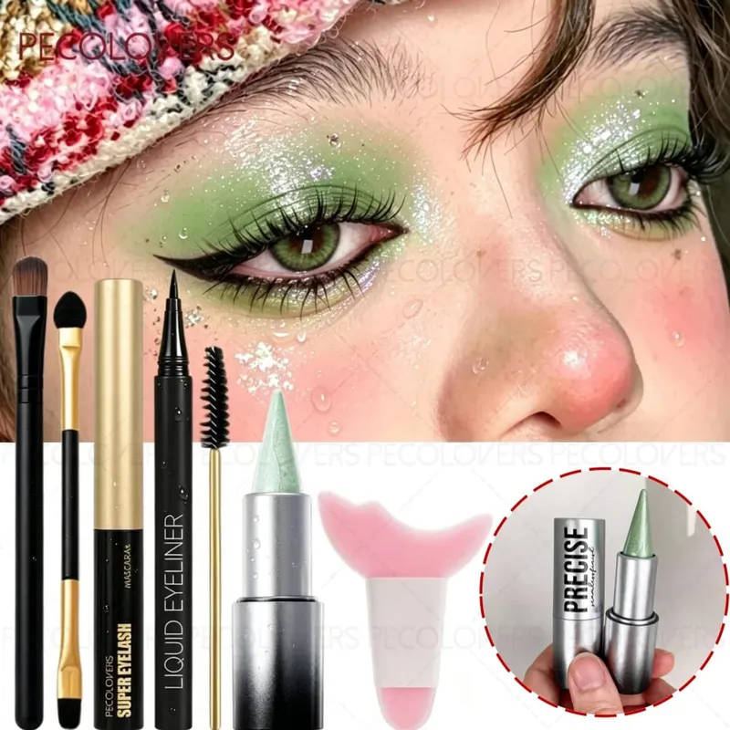 Bâton de fard à paupières scintillant, Mascara Eyeliner imperméable avec pinceaux de maquillage et outil d'aide au maquillage des yeux, Halloween/noël, 7 pièces/ensemble