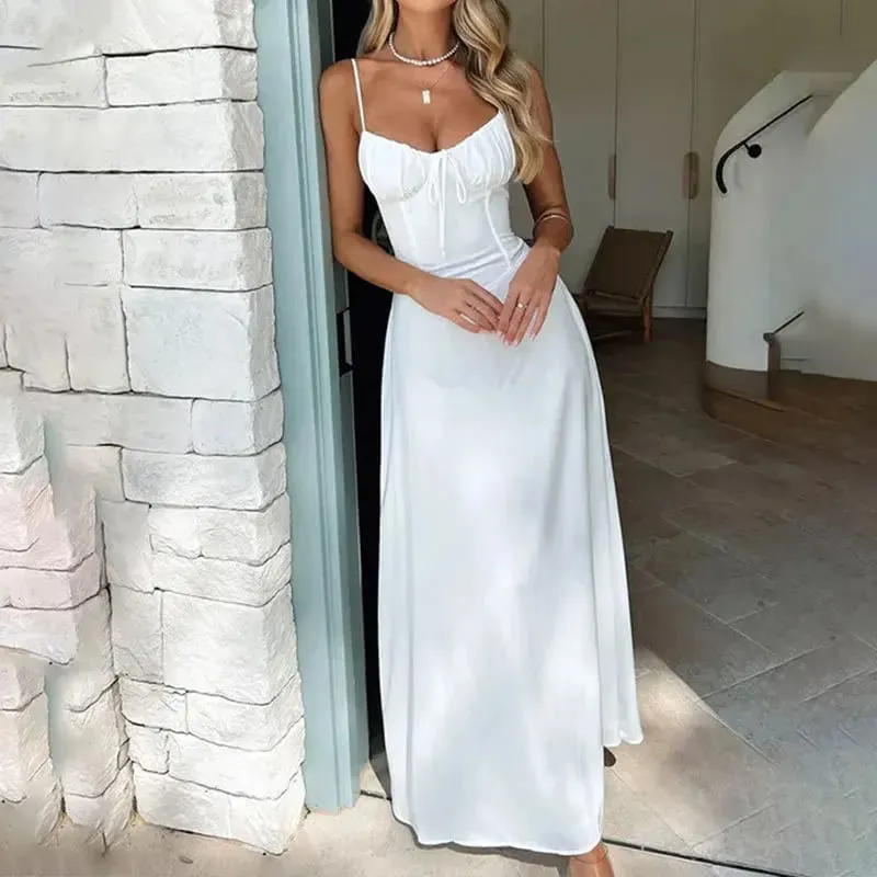 Robe mi-longue de couleur unie pour femmes, tenue de soirée élégante, ligne a, nouée sur le devant, parfaite pour les fêtes et les vêtements d'été, nouvelle collection — image 3